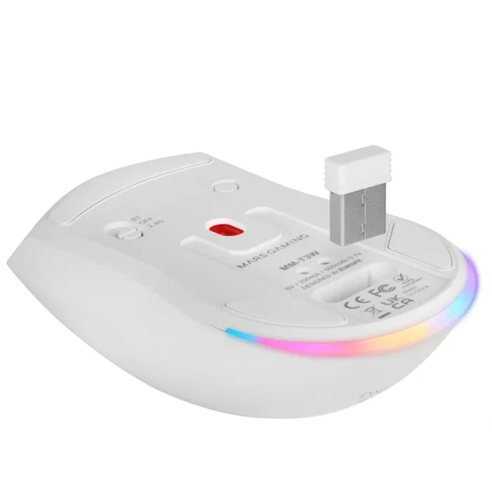 Mars Gaming Ratón Óptico MMT3 RGB Blanco, 14400 DPI, Base de Carga Recargable, Hasta 100h de Uso